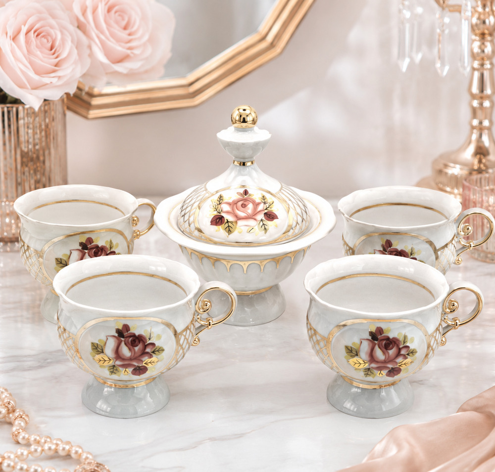 Vintage Poltava USSR Porcelain Set 4 Footed Cups Lidded Candy Dish Rose Gold